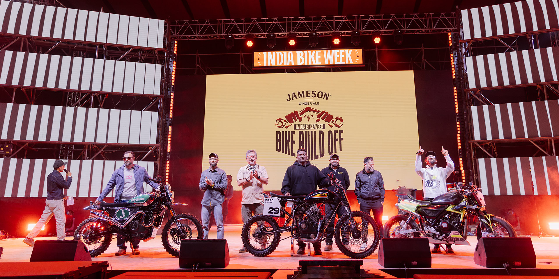 Builders on stage at the India Bike Week Bike Build Off